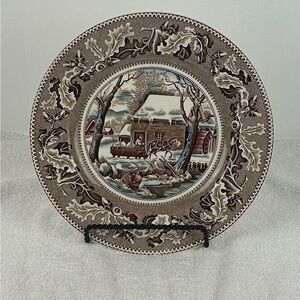 VTG Johnson Brothers Historic America Plate: Brown Transferware Winter Scene